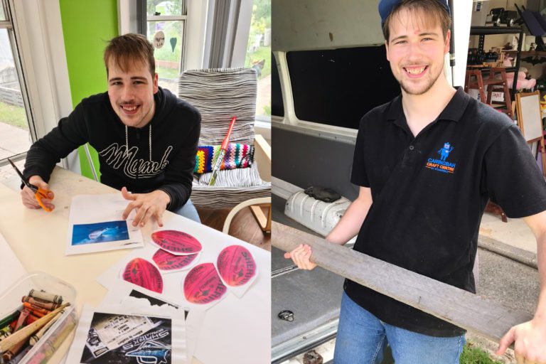 Lars making rugby league decorations at Garden House. Loading palings in the Sylvanvale van, Caringbah Craft Centre 2022.