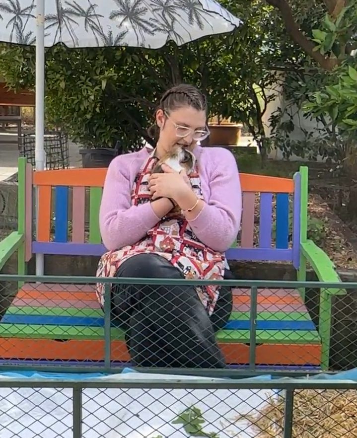 Katrina hugs a guinea pig at Garden House