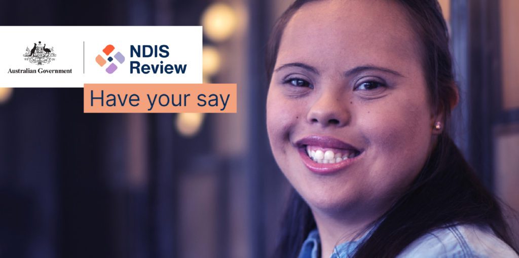 NDIS Review logo. Girl smiling at camera